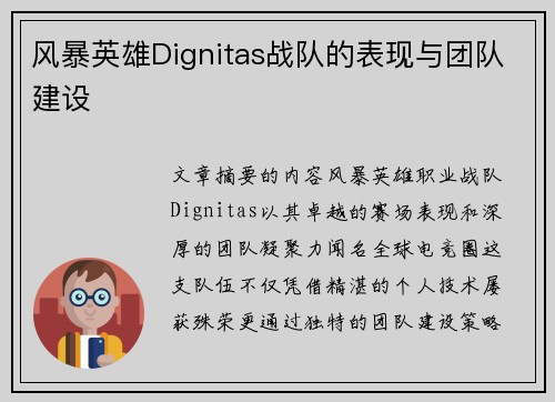 风暴英雄Dignitas战队的表现与团队建设